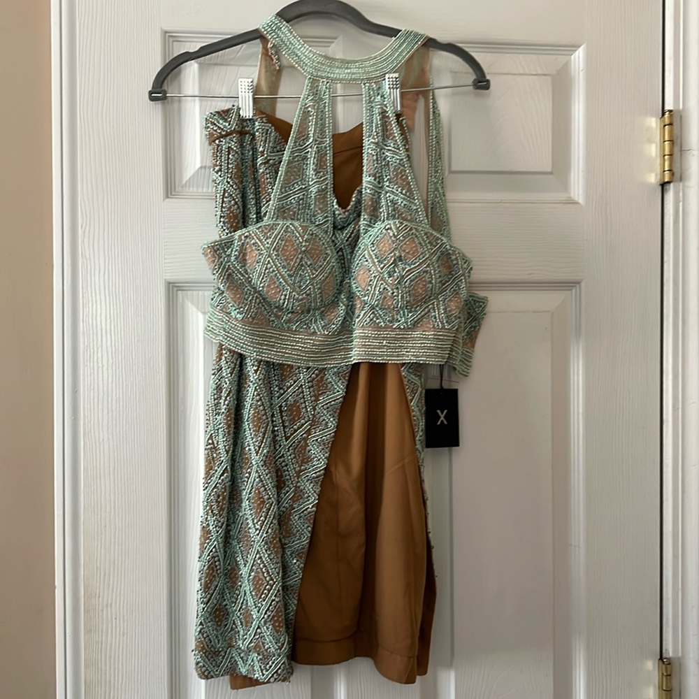 X BY NBD REVOLVE BEADED TOP + SKIRT SET